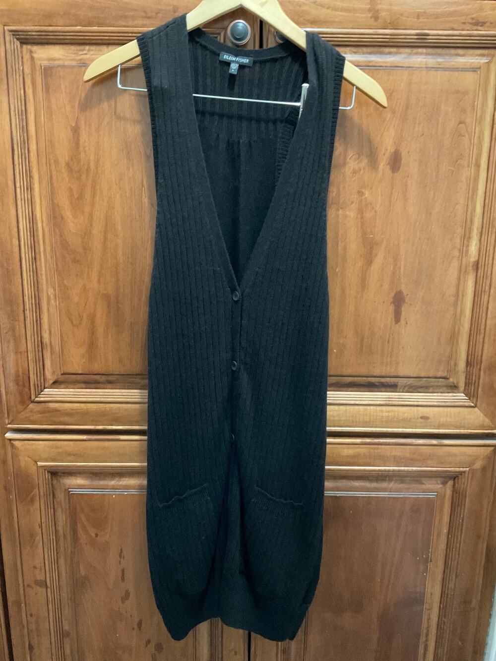 Eileen Fisher brown ribbed knit sleeveless cardigan vest V-neck front pockets,L